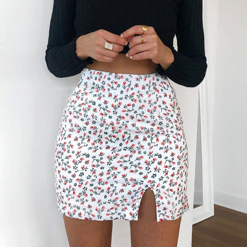 Split Floral Short Skirt High-Waisted