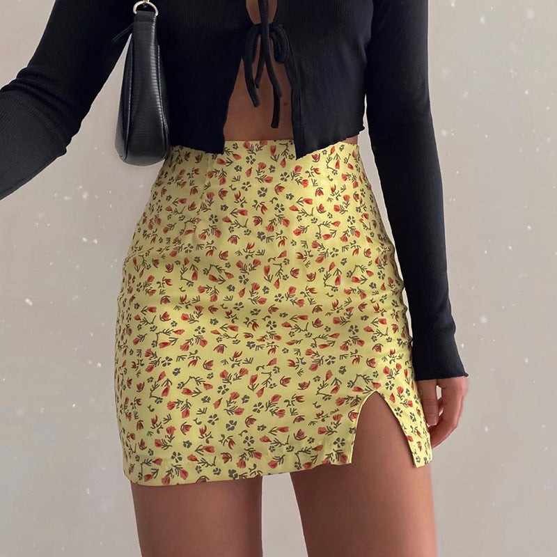Split Floral Short Skirt High-Waisted