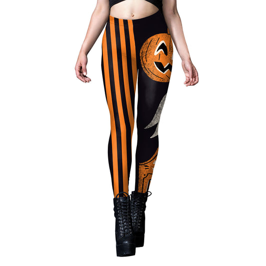 Halloween Pumpkin Head Digital Printing Stripe Tight Women's Leggings
